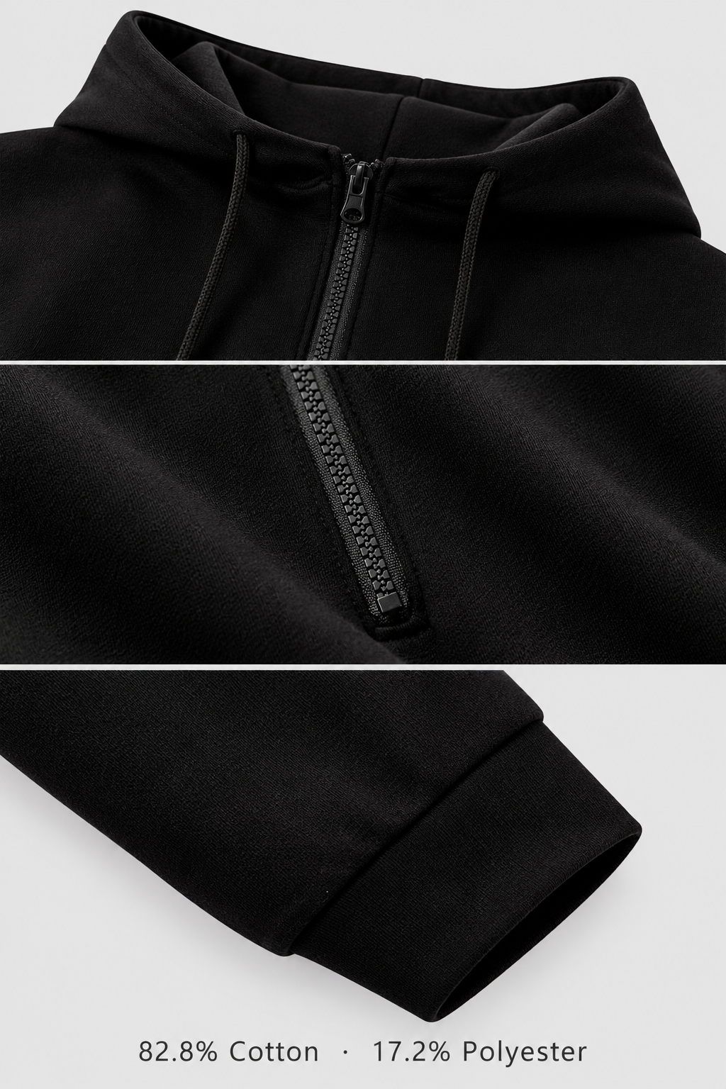 Close-up details of the black hood, half zip, sweatshirt fabric and cuff