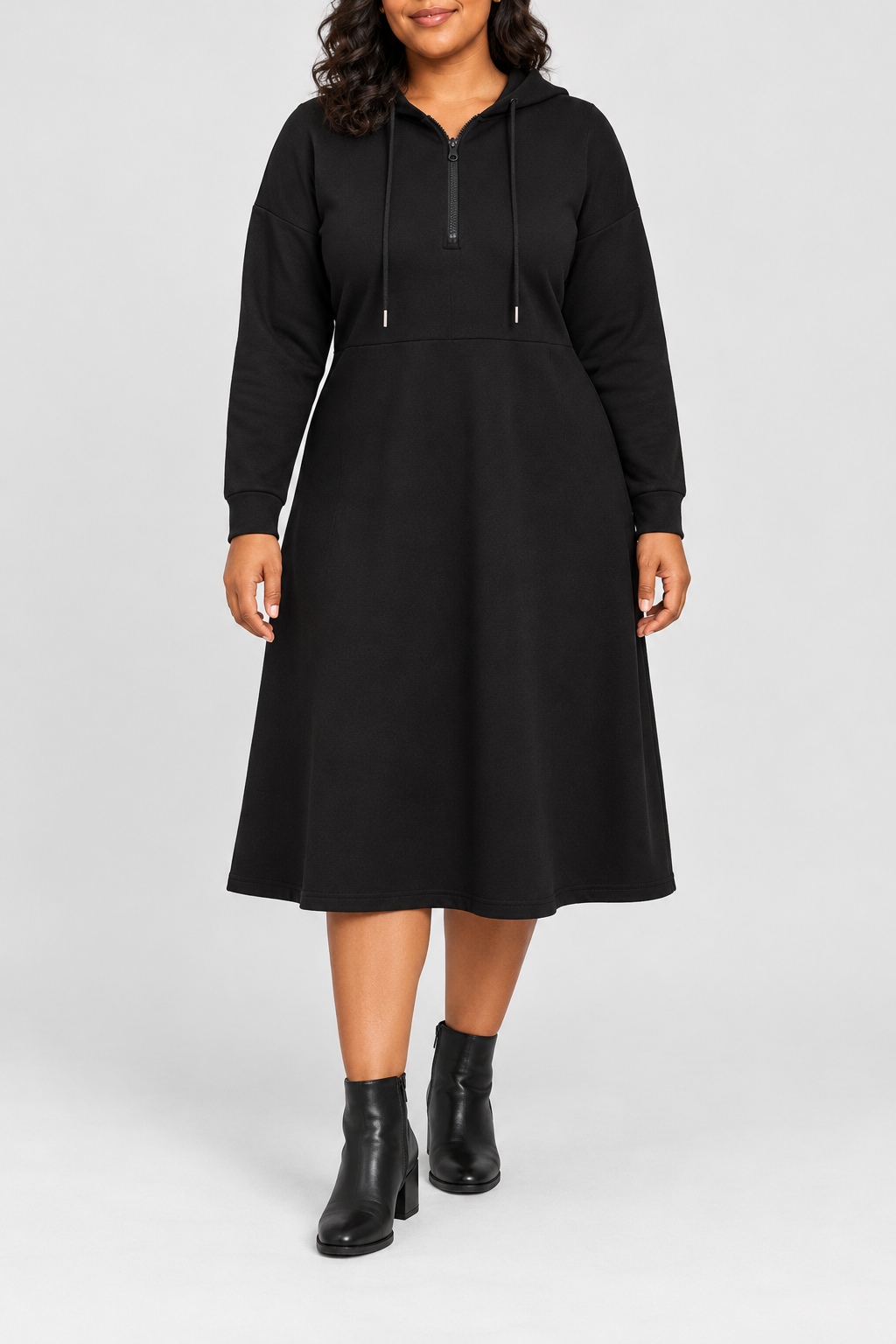Black half-zip hooded sweatshirt dress on a faceless plus size model