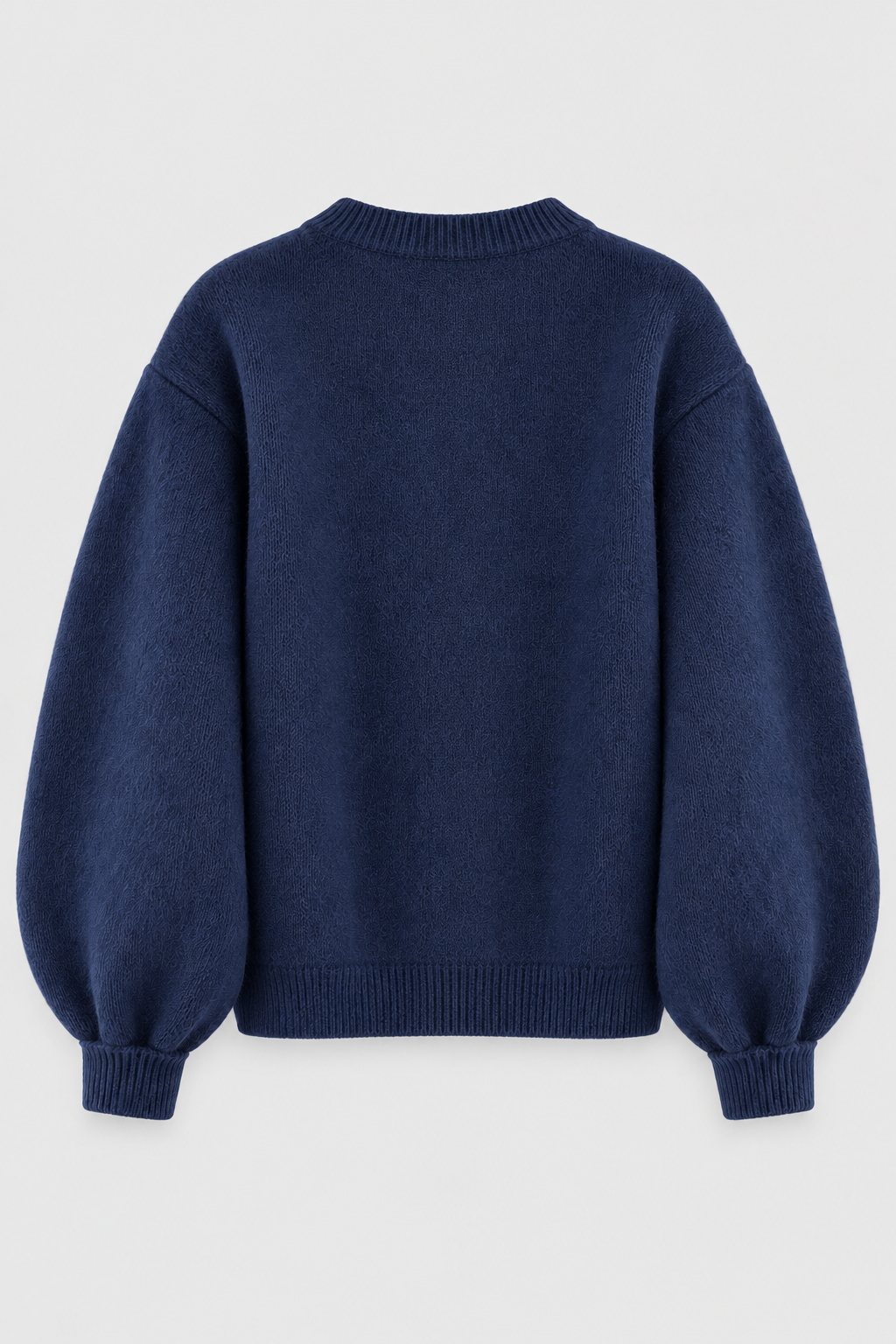 Navy balloon-sleeve knit cardigan back view