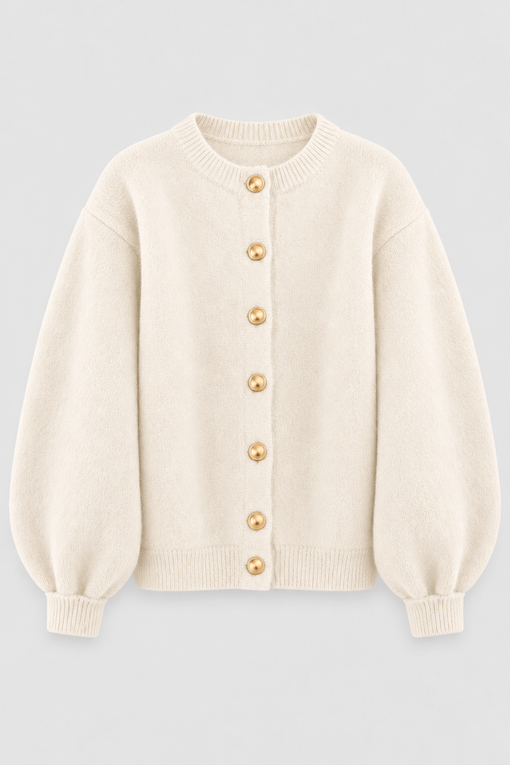 Cream gold-button balloon-sleeve knit cardigan front view