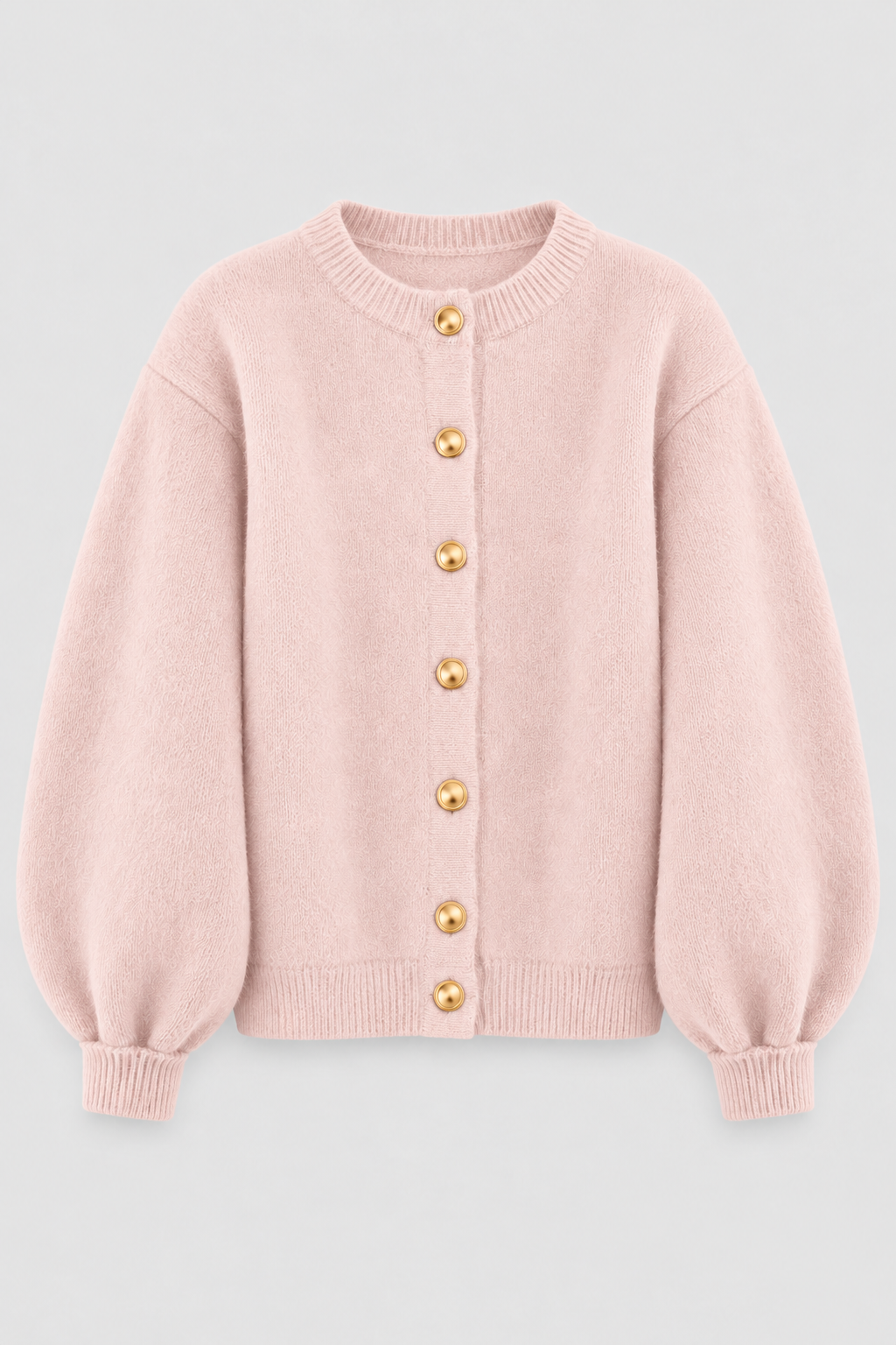 Pink gold-button balloon-sleeve knit cardigan front view