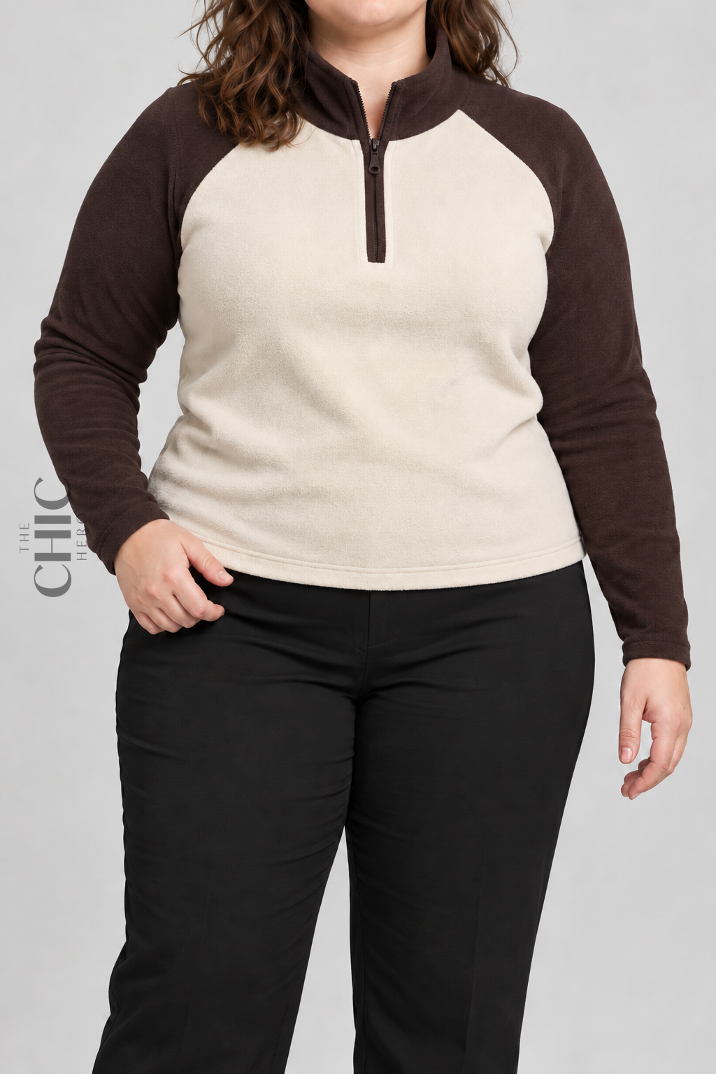 Coffee colour-block fleece half-zip top front view on a UK22 model