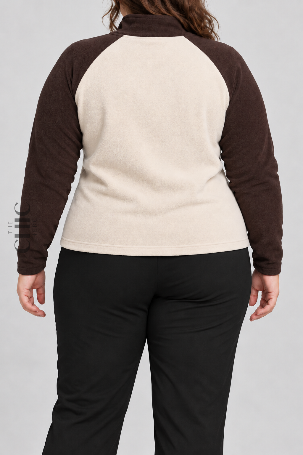 Coffee colour-block fleece half-zip top back view on a UK22 model