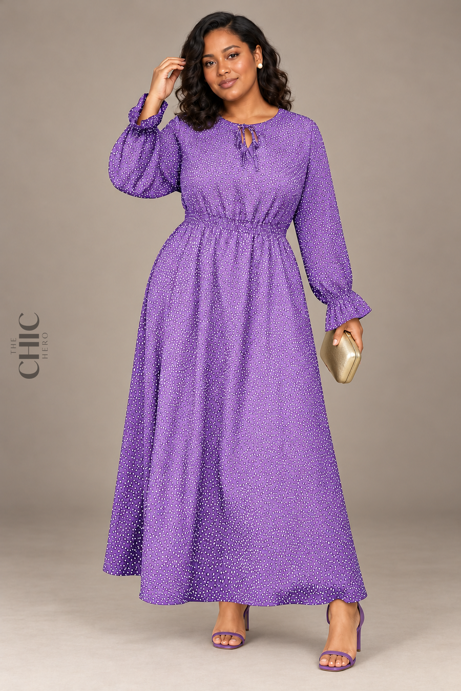 Long-Sleeve High-wast Polka-Dot Maxi Dress