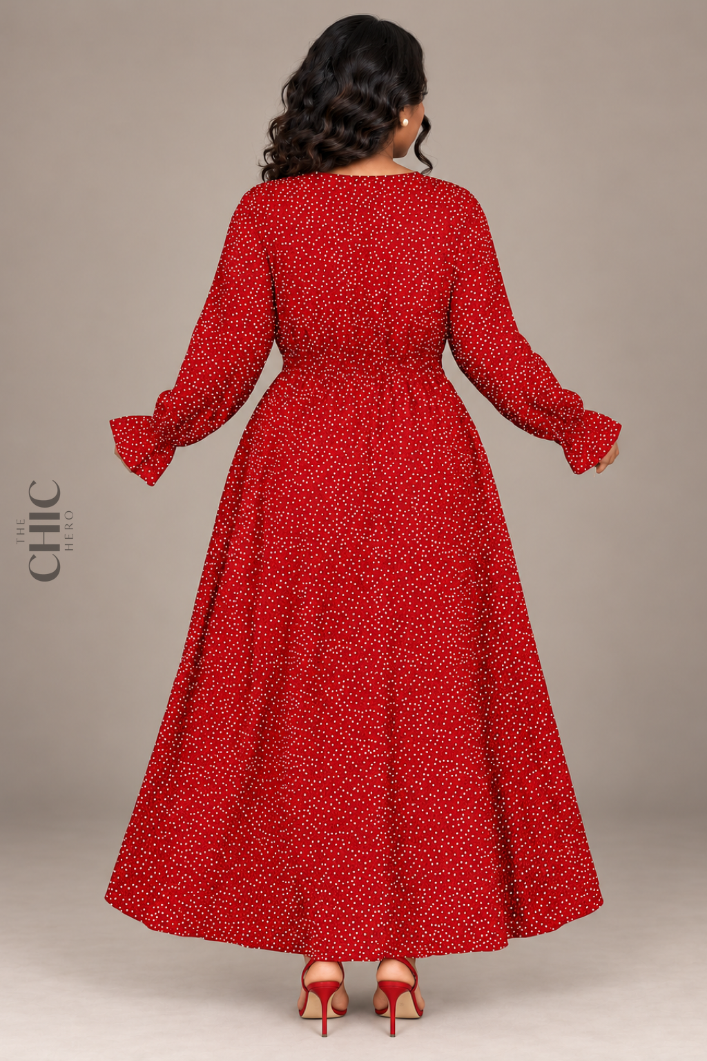 Red long-sleeve polka-dot maxi dress back view
