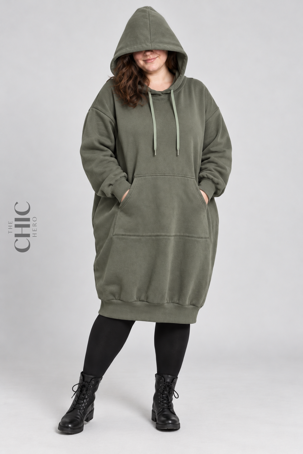 Khaki Green fleece-lined longline hoodie shown with hood up