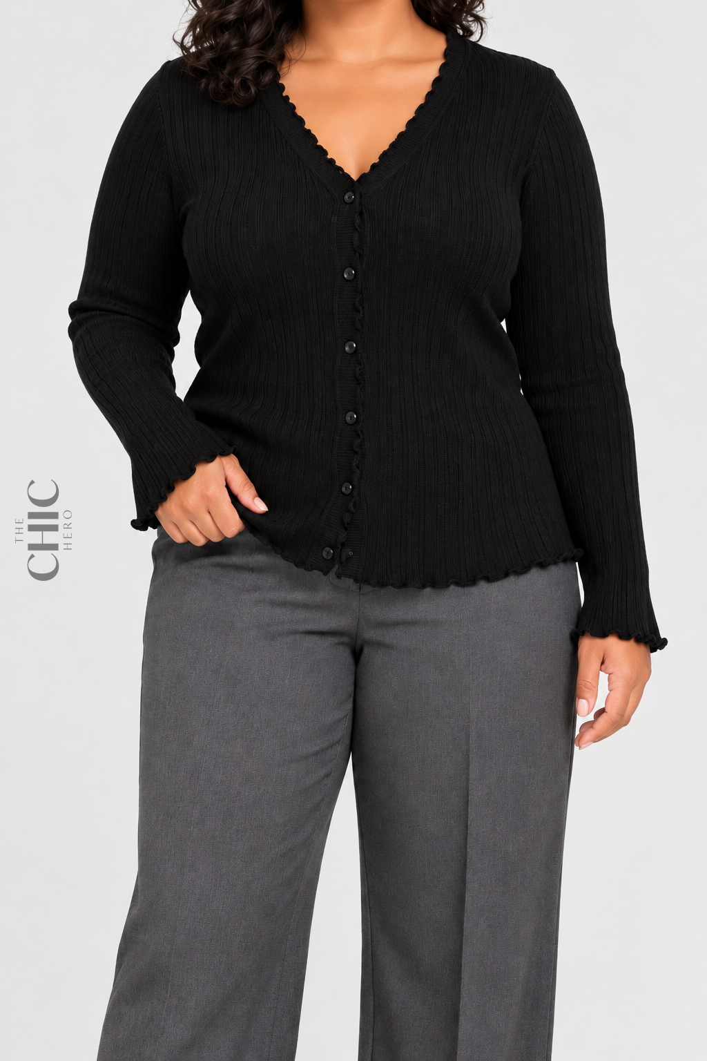 Black ruffle-trim ribbed button-front cardigan on a faceless curvy model