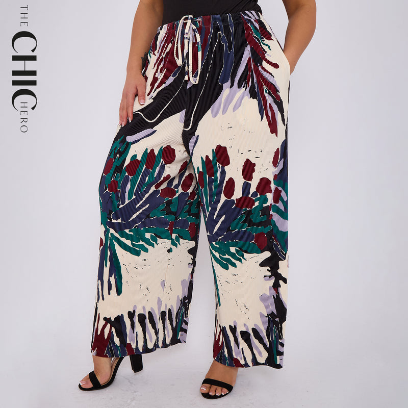 Abstract Floral Print Pleated Palazzo Pants With Pockets