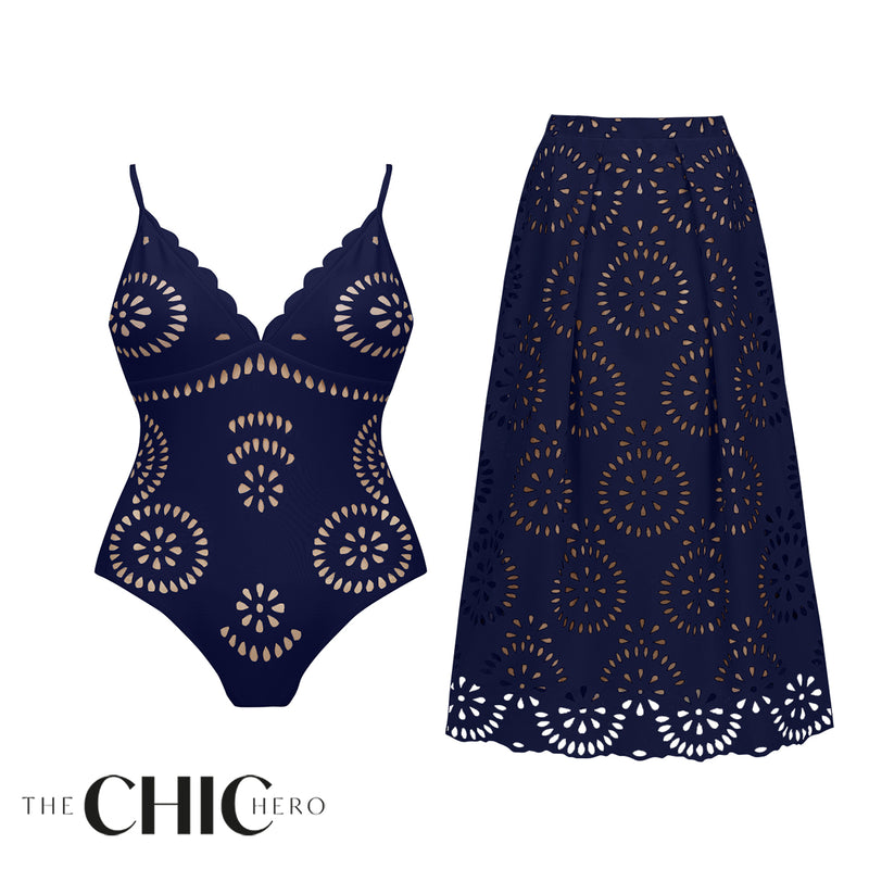 Navy Scalloped Cut-Out Swimsuit & Midi Skirt Set