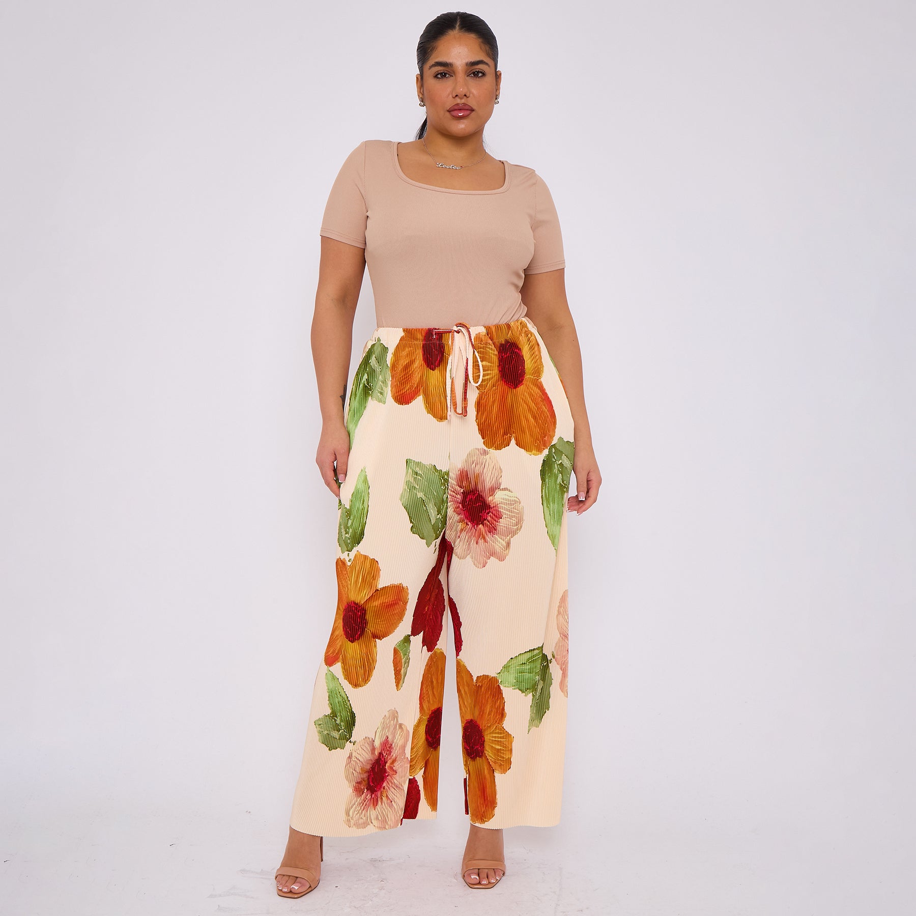 Orange Flower Abstract Print Wide-Leg Drawstring Pants With