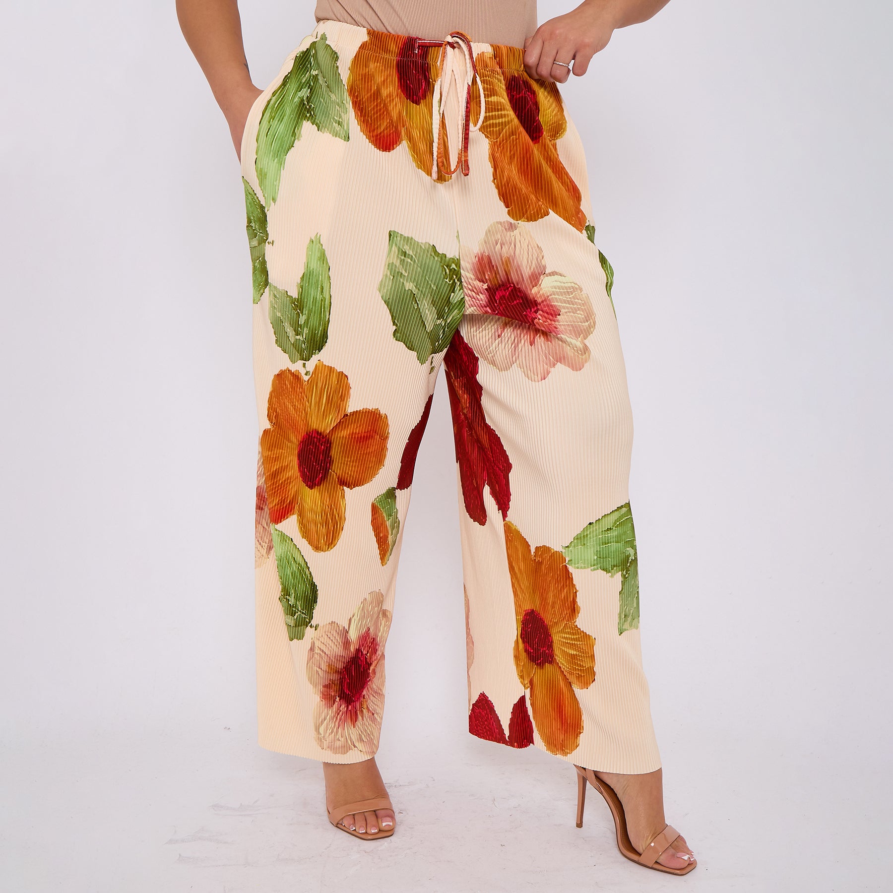 Orange Flower Abstract Print Wide-Leg Drawstring Pants With