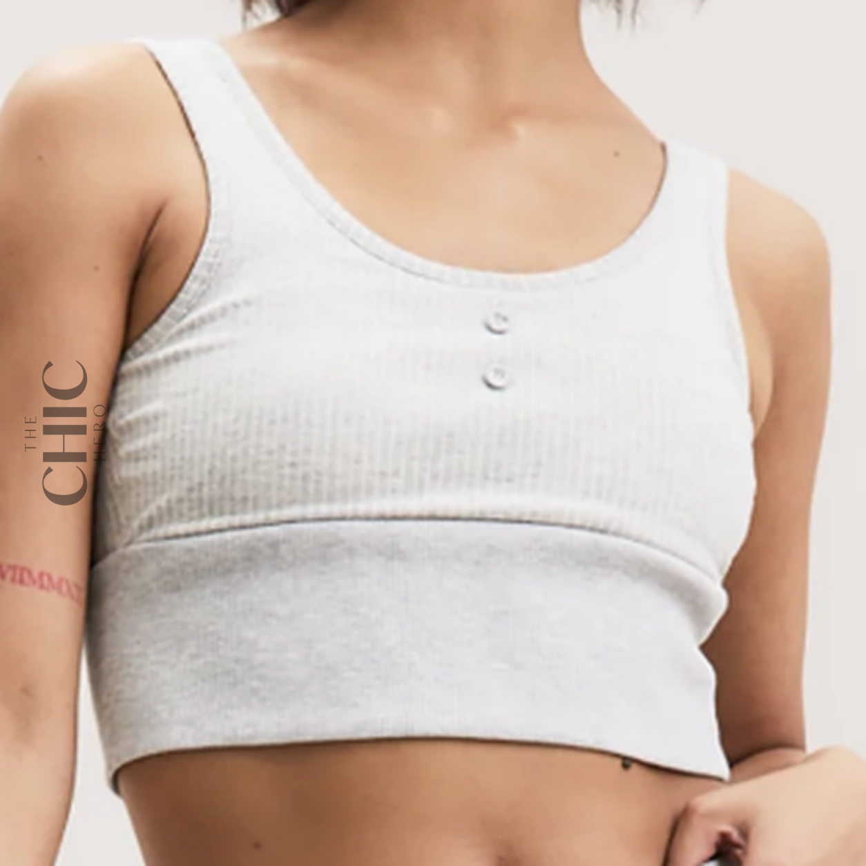 The Chic Hero Stone Grey Pinstripe Button-Detail Crop Top – Terra front product image