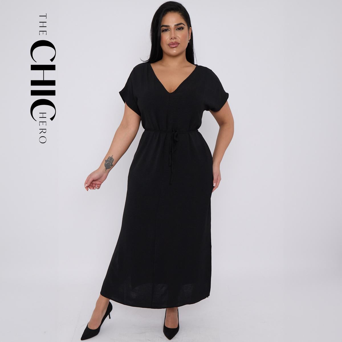 V Neck Batwing Sleeve Tie Waist Maxi Dress