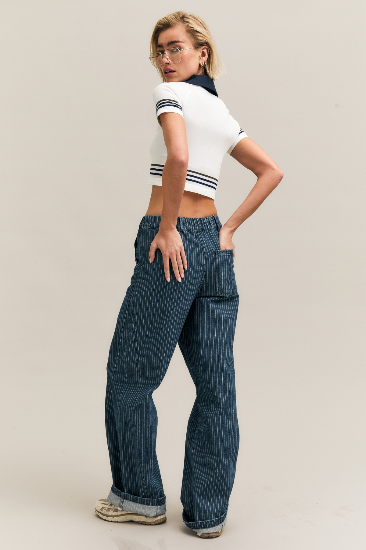 Navy Pinstripe Wide-Leg Denim Trousers – In Line – view 06