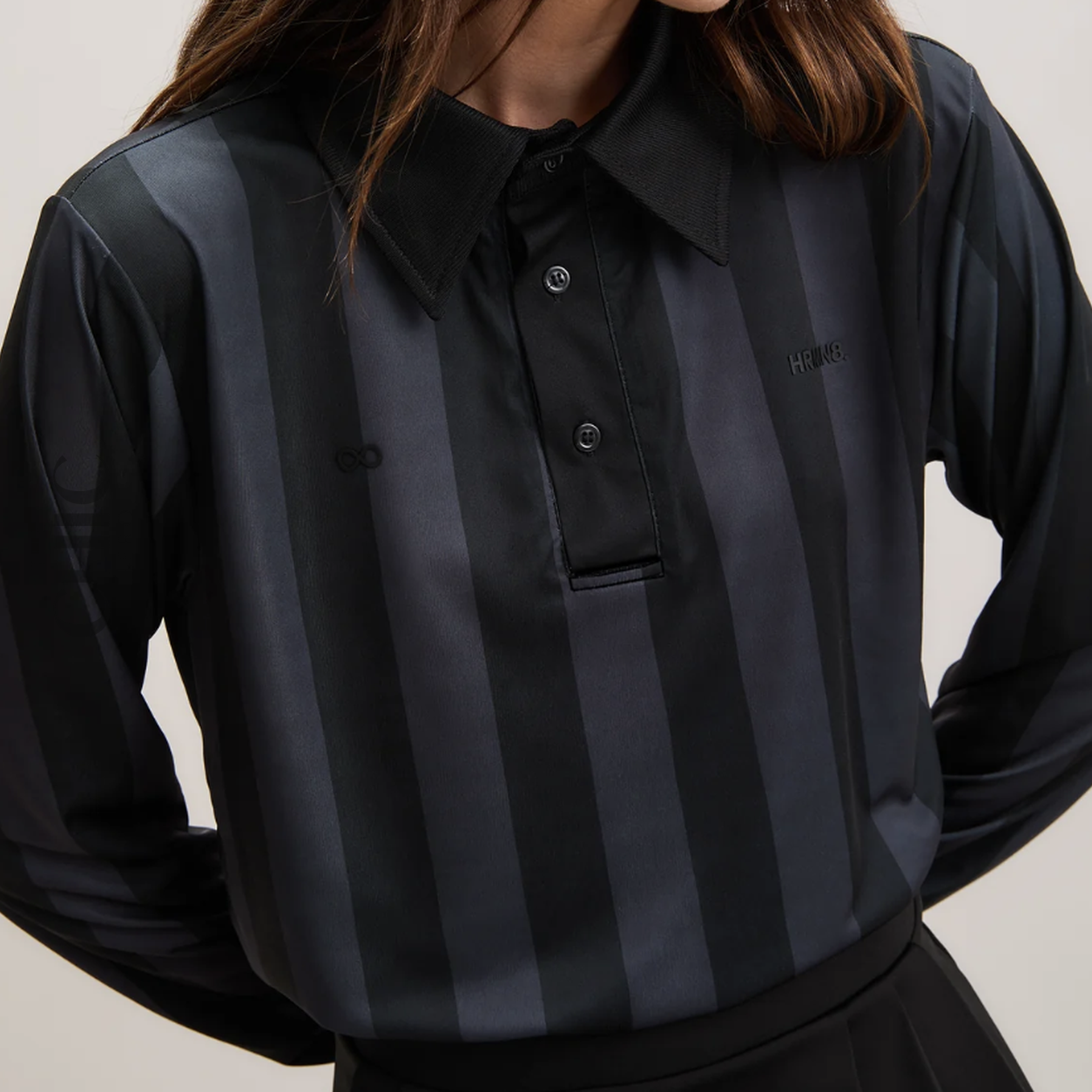 The Chic Hero Black Stripe-Detail Long-Sleeve Polo – Striker front product image