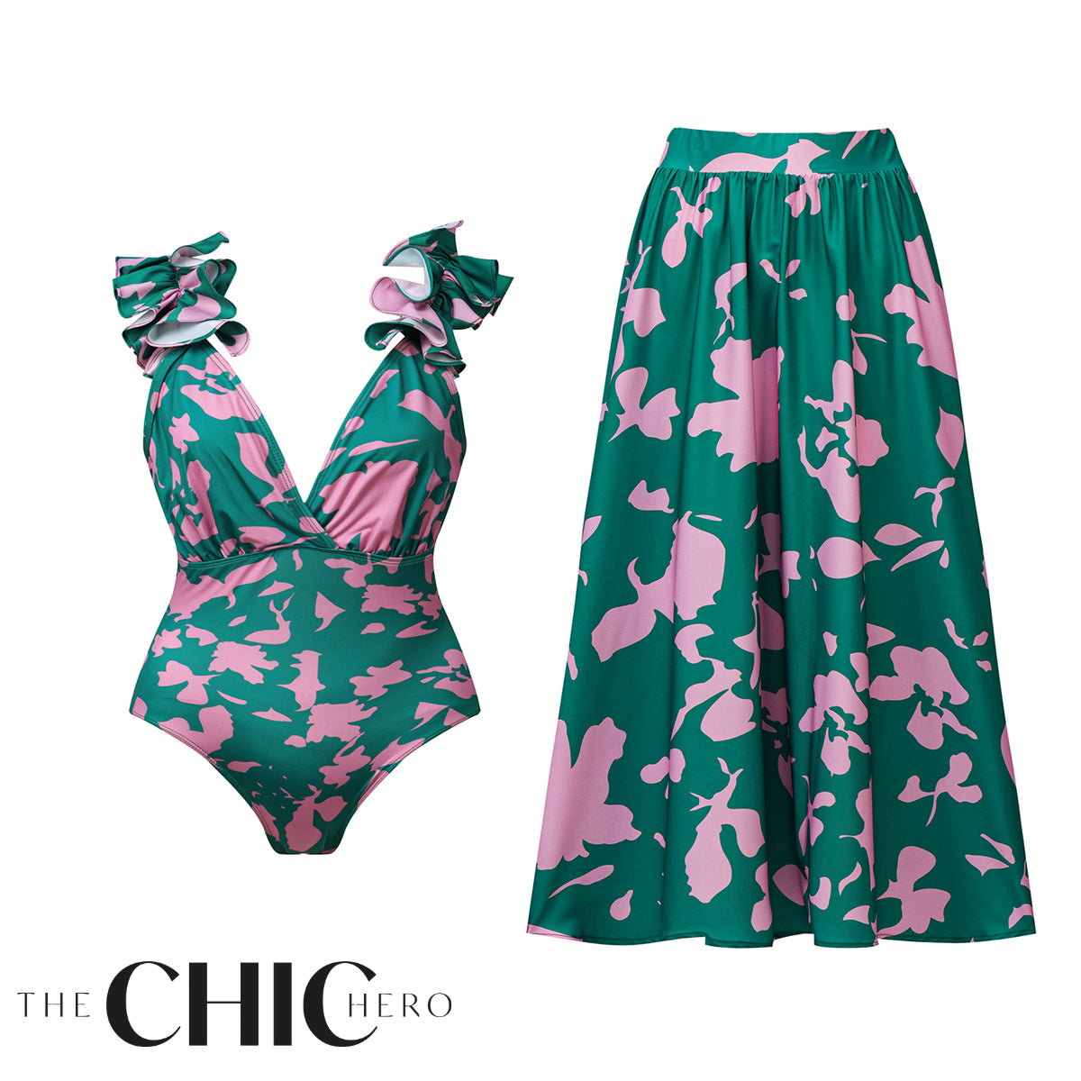 A set of indigo chic ruffled one piece swimwear and a matching skirt, both with a floral pattern.