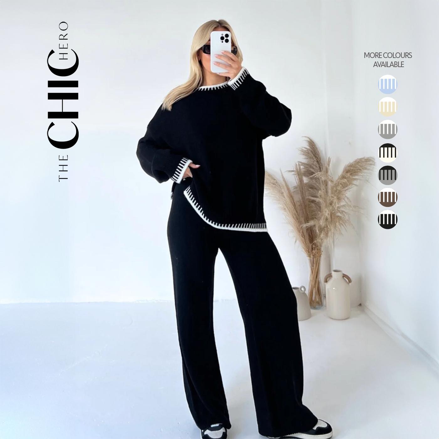 Contrast Trim Knitted Jumper and Wide Leg Trousers Two Piece Set TheChichero