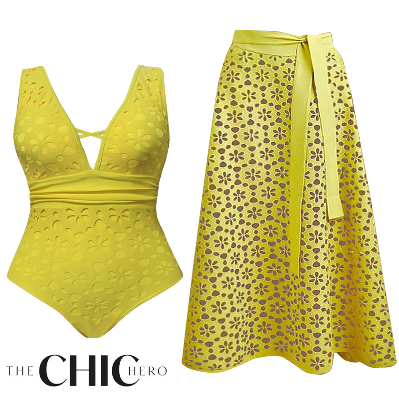 Yellow Floral Cut-Out V-Neck Ruched Swimsuit & Matching Skirt