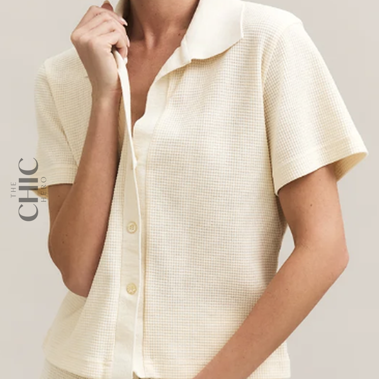 The Chic Hero Beige Textured Waffle Short-Sleeve Shirt – Resort front product image