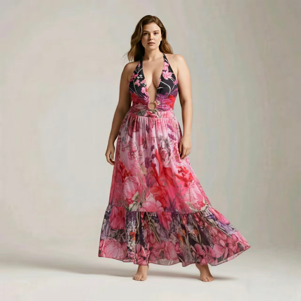 V Neck Pink vintage floral print Swimsuit&Skirt Set