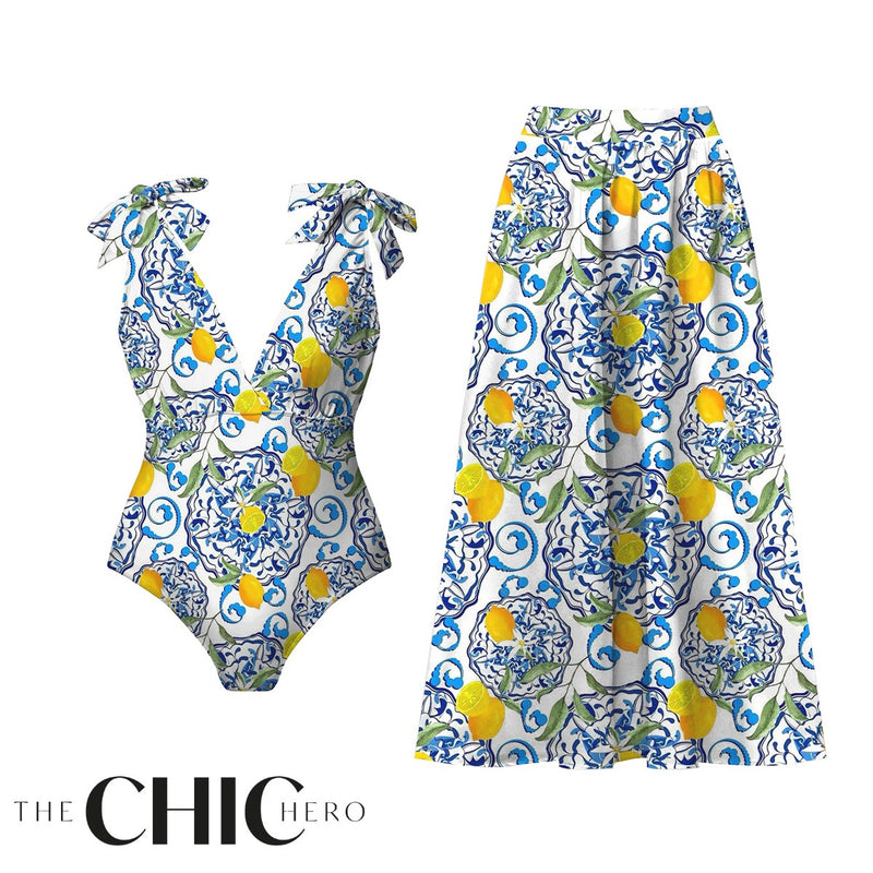 Blue Lemon Print Swimsuit & Maxi Skirt Set