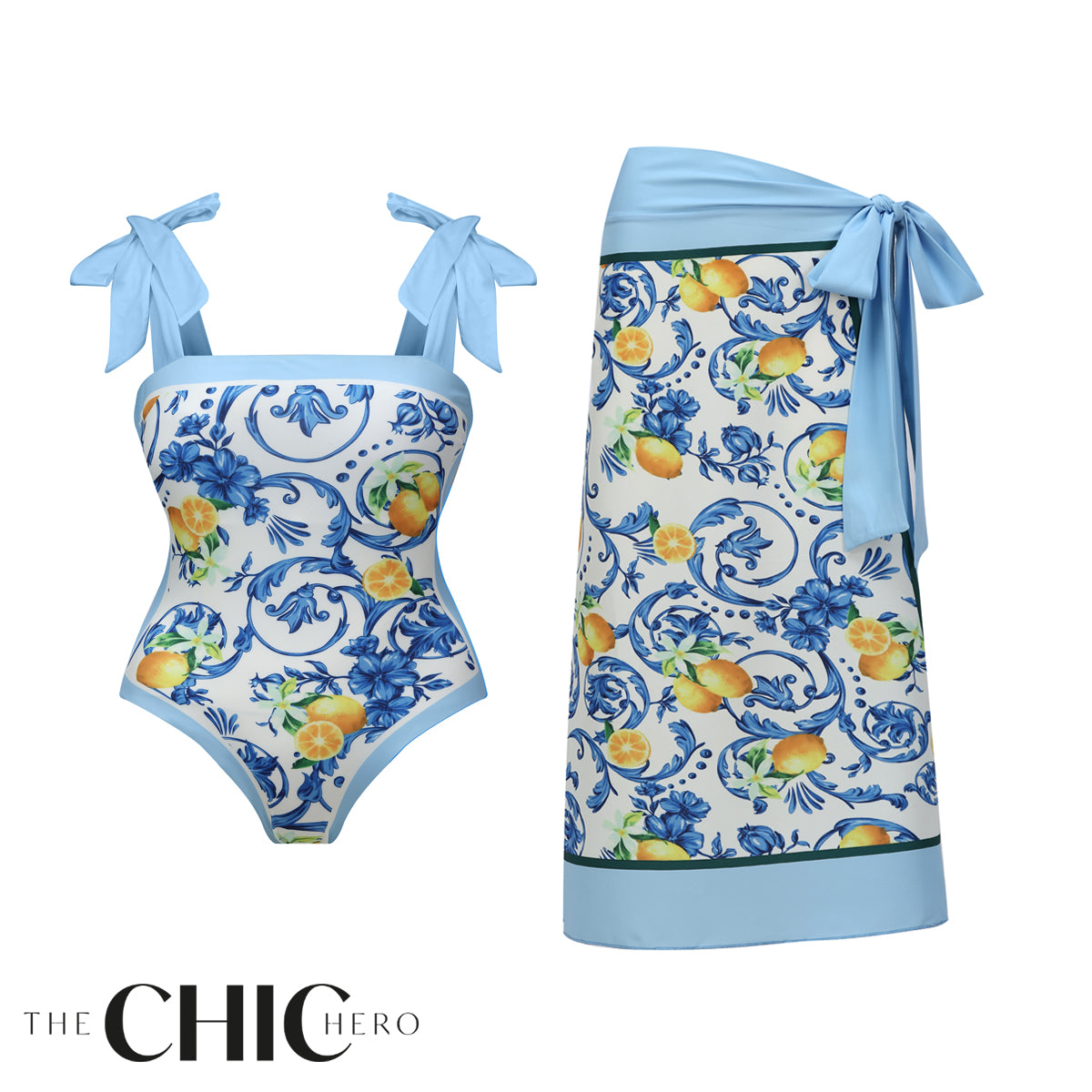 Blue Retro Lemon Florals One-Piece Swimsuit&Skirts – TheChichero