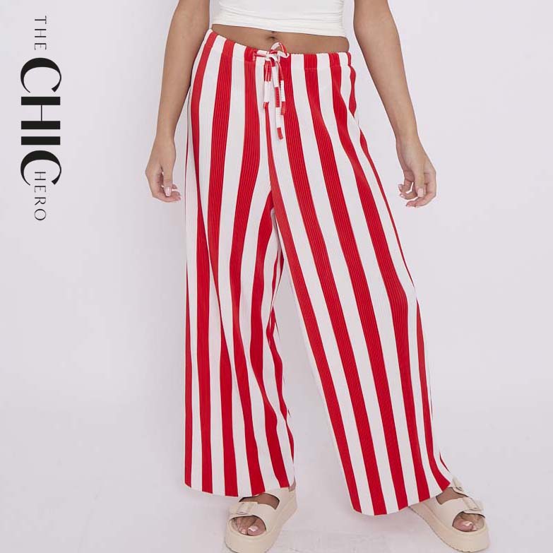 Red Vertical Stripe Pleated Palazzo Pants with Drawstring Waist