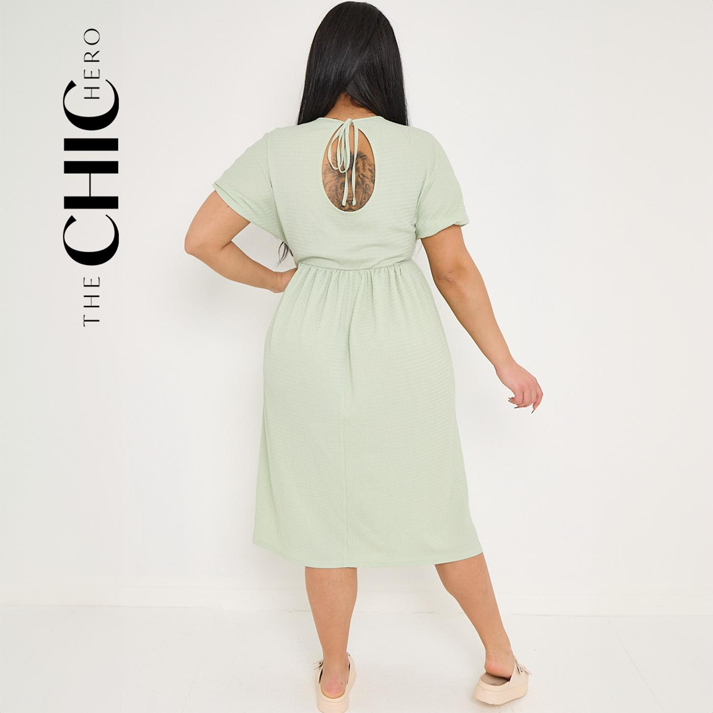 [3 Colours, UK size 12-26] ChicHero Textured Elasticated Waist Skater Dress With Tie Back Neck