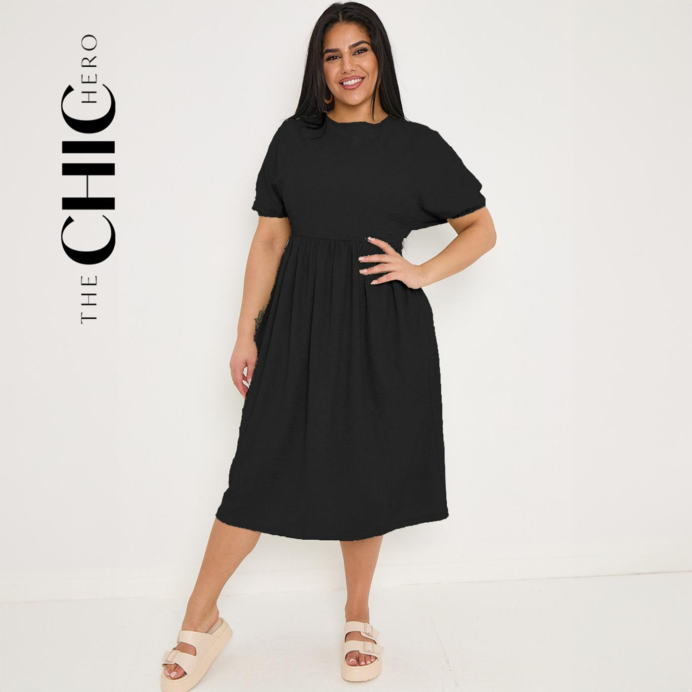 [3 Colours, UK size 12-26] ChicHero Textured Elasticated Waist Skater Dress With Tie Back Neck