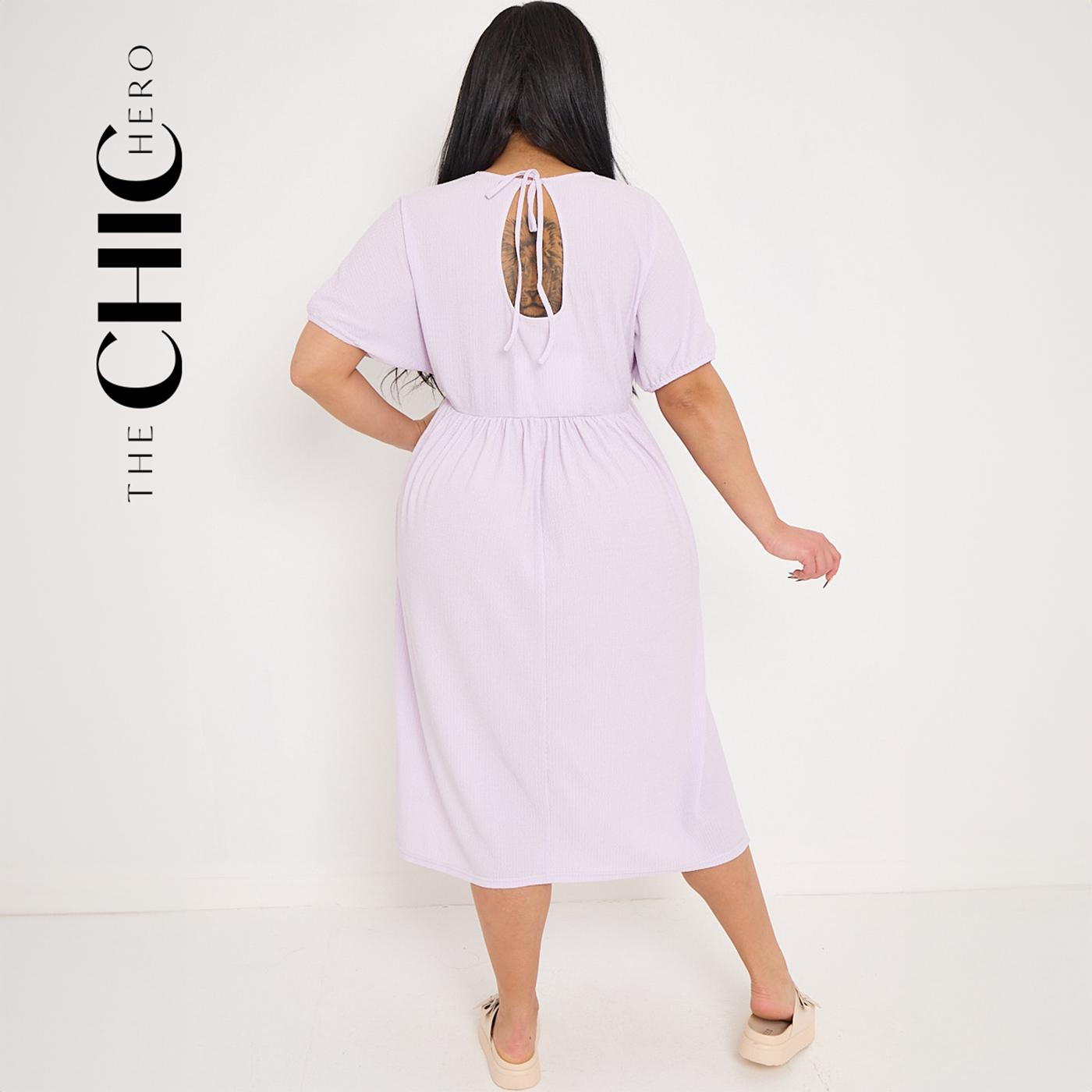 [3 Colours, UK size 12-26] ChicHero Textured Elasticated Waist Skater Dress With Tie Back Neck