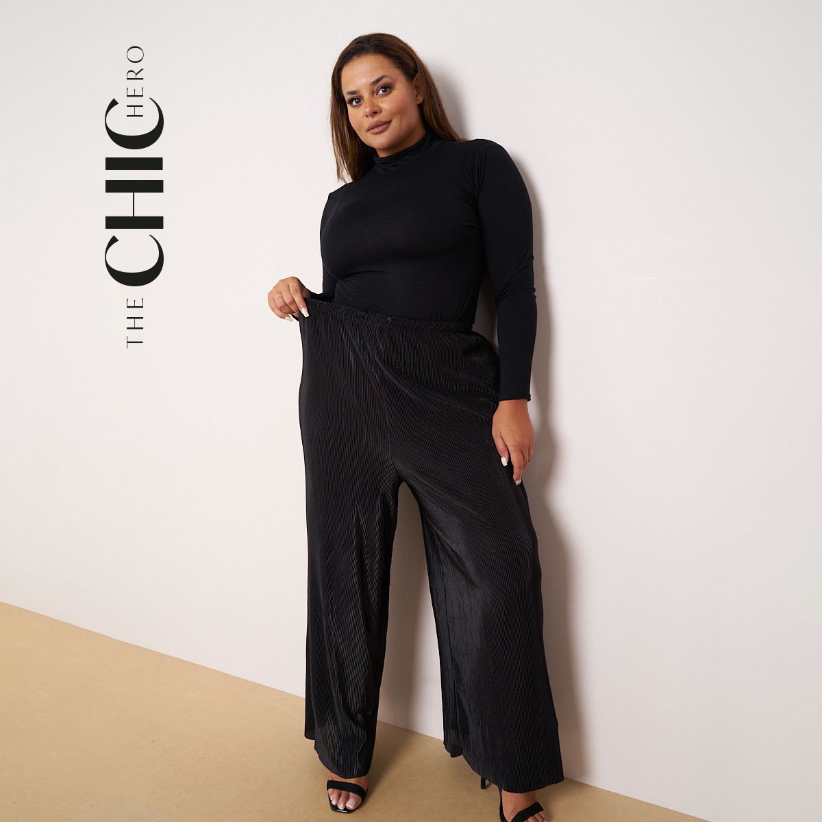 Plus Size Black Wide-Leg Palazzo Pleated Pants with Drawstring | TheChichero