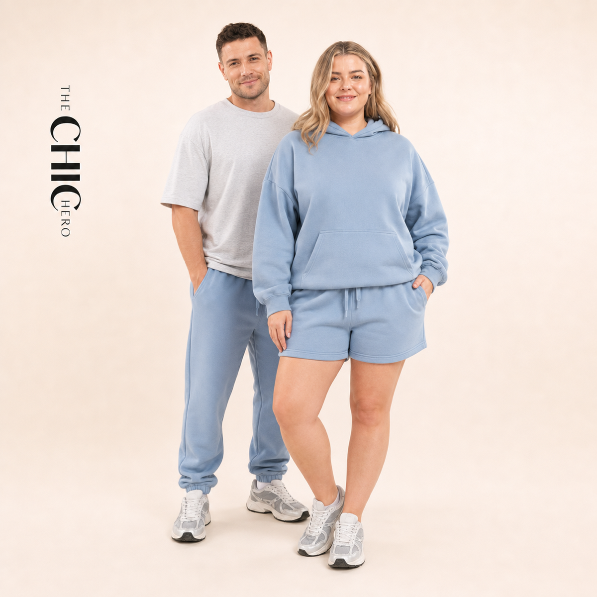 ChicHero blue three-piece hoodie, joggers and shorts set on male and female models
