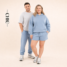 ChicHero blue three-piece hoodie, joggers and shorts set on male and female models
