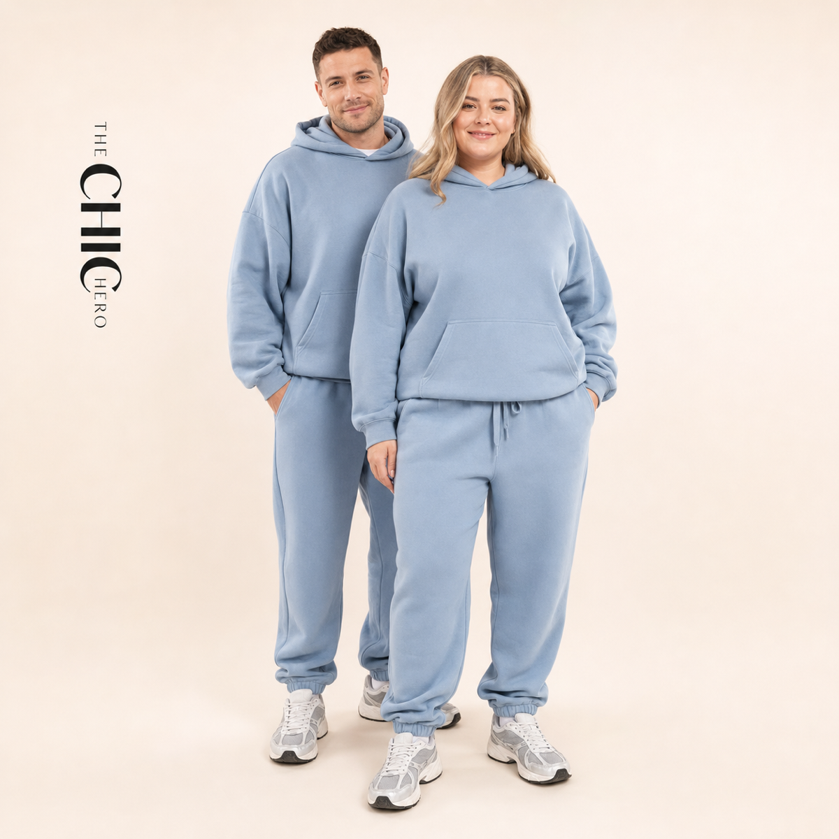 Male and female models wearing the ChicHero blue heavyweight hoodie and joggers
