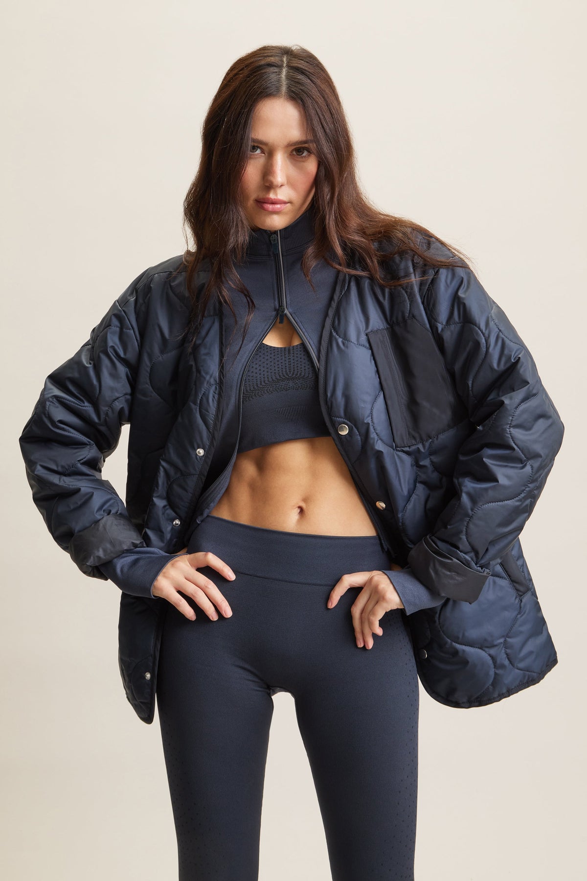 Navy Longline Quilted Jacket – Wave – view 01