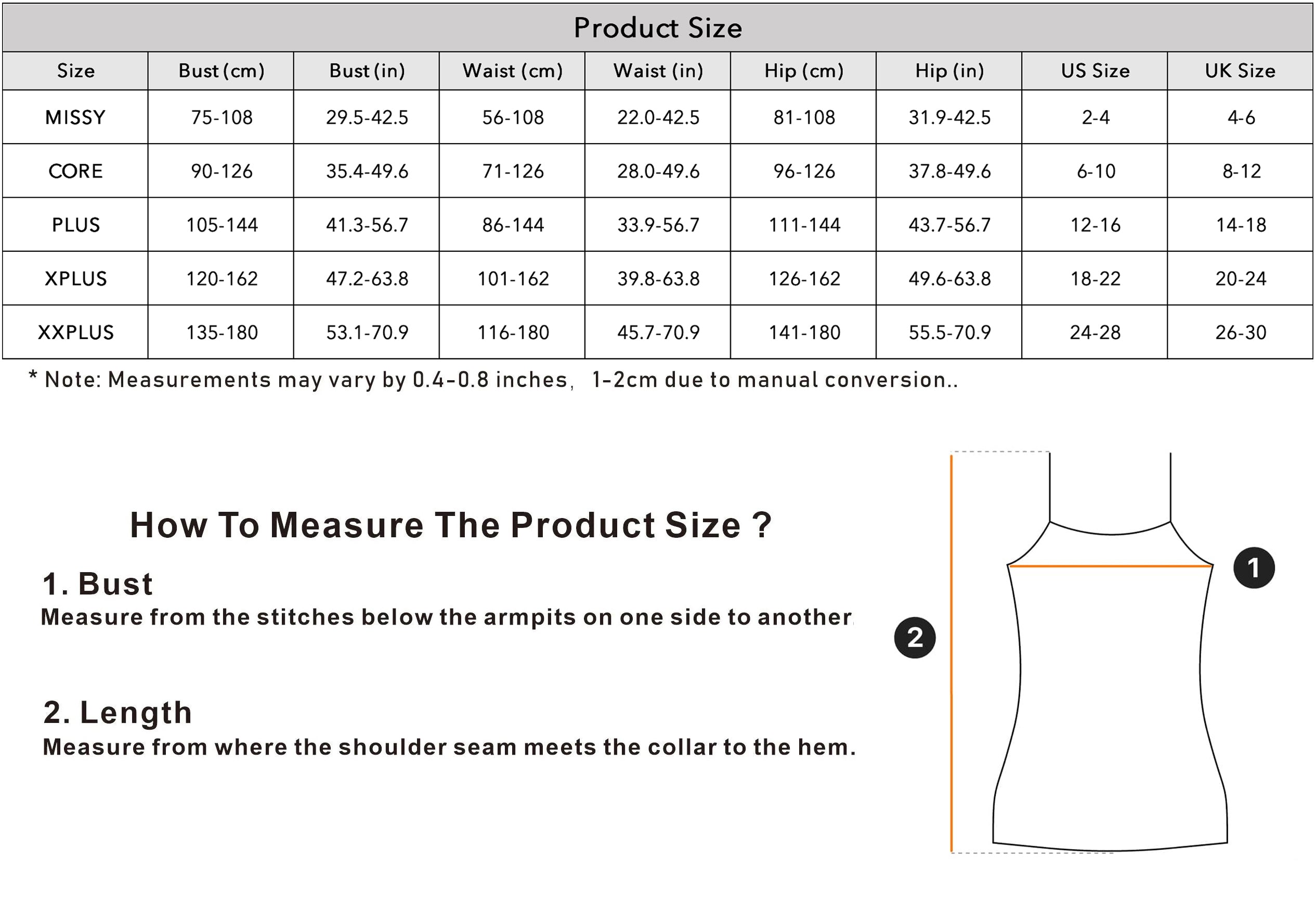 Size chart for clothing with measurements in centimeters and inches, including a diagram on how to measure the product size.