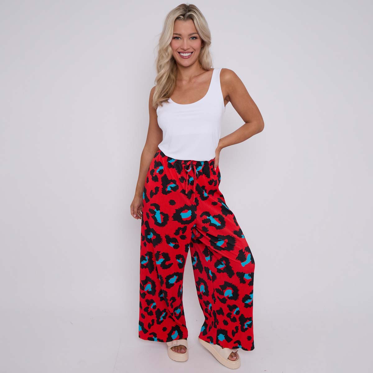 Plus Size Red Leopard Print Pleated Palazzo Pants with Wide Leg and Drawstring Waist