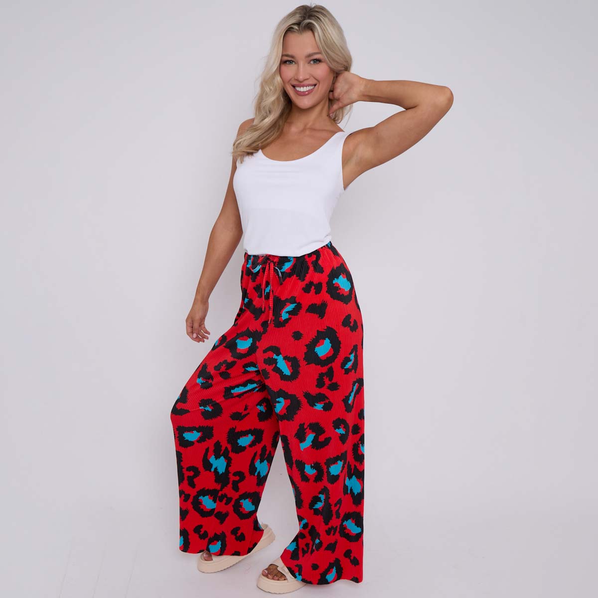 Red Leopard Abstract Print Wide-Leg Drawstring Palazzo Pleated