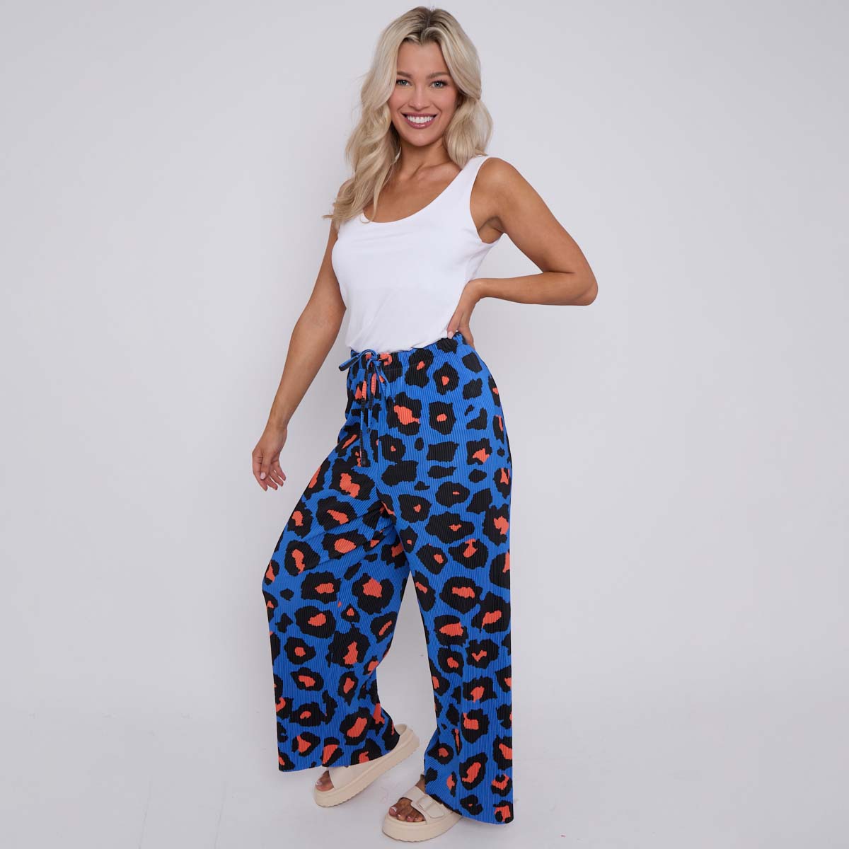 Blue Leopard Abstract Print Wide-Leg Drawstring Palazzo