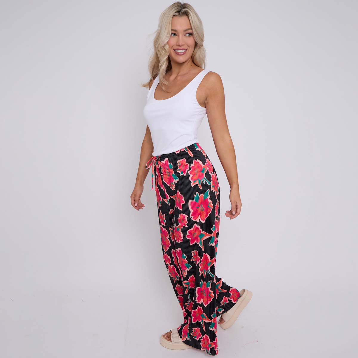 Black Flower Abstract Floral Print Wide-Leg Drawstring Palazzo
