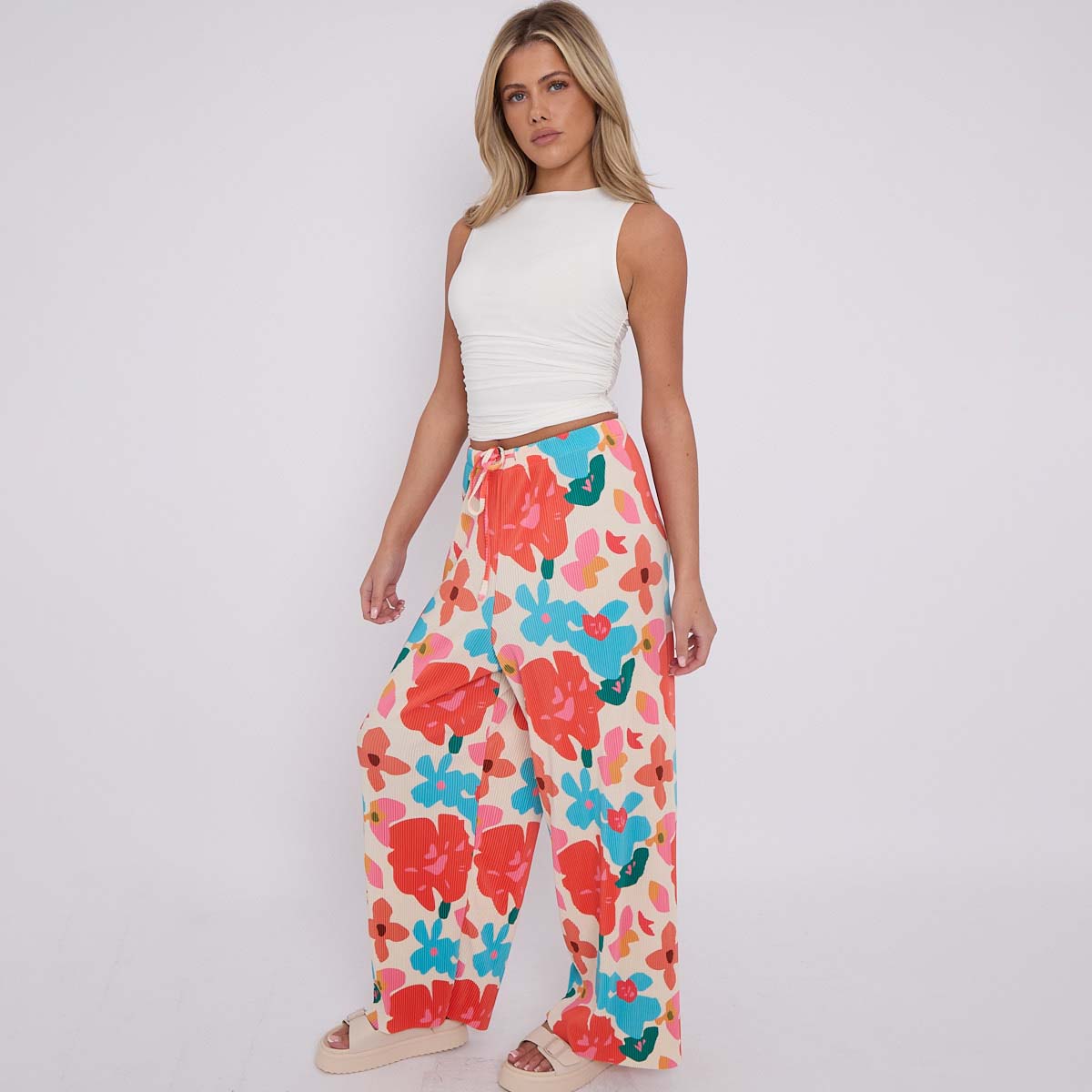Rose Flower Print Abstract Wide-Leg Drawstring Palazzo Pleated