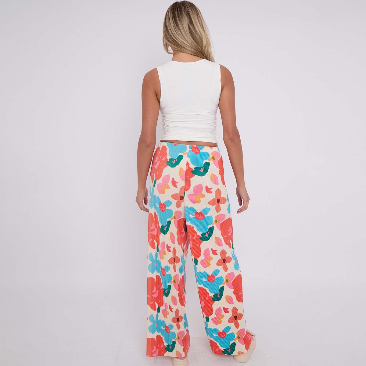 Rose Flower Print Abstract Wide-Leg Drawstring Palazzo Pleated