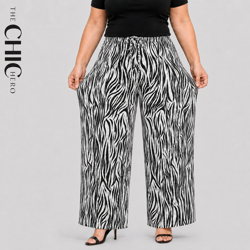 Black Zebra Print Pleated Palazzo Pants with Drawstring Waist