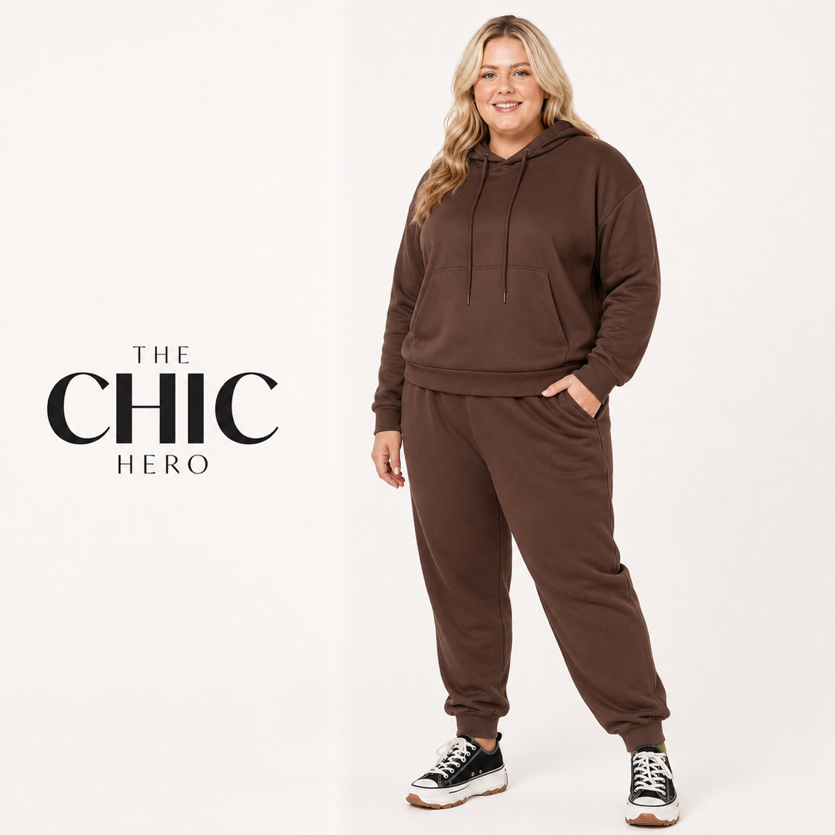 Model wearing the ChicHero pink fleece hoodie and jogger tracksuit