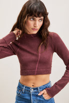 Burgundy Ribbed Cutout Long-Sleeve Top – Flow – view 01