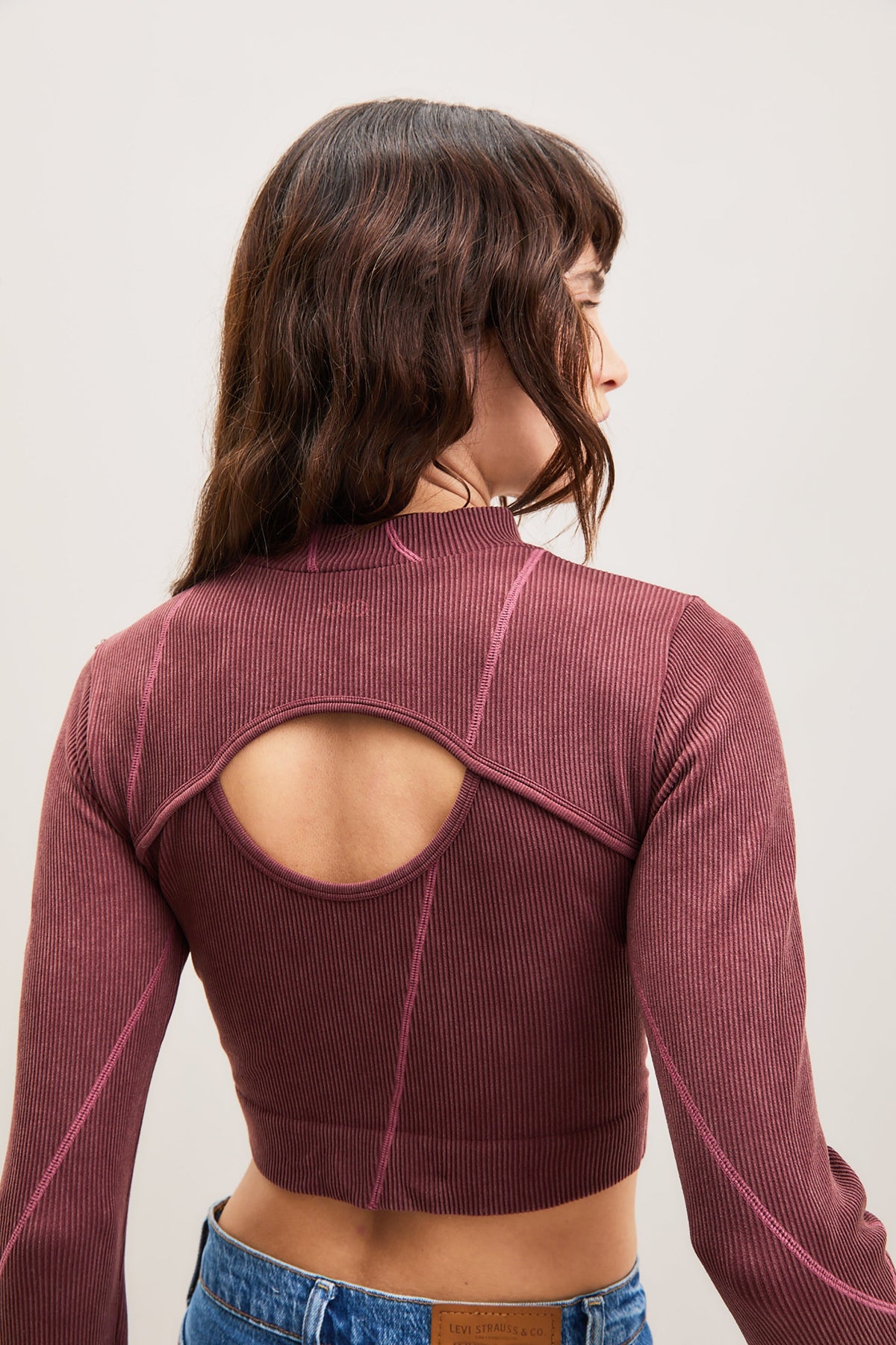 Burgundy Ribbed Cutout Long-Sleeve Top – Flow – view 02