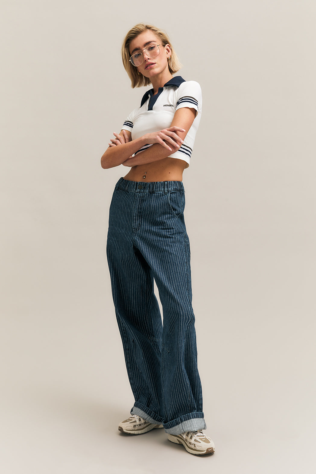 Navy Pinstripe Wide-Leg Denim Trousers – In Line – view 01