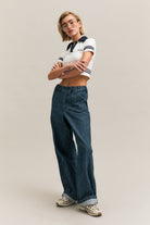 Navy Pinstripe Wide-Leg Denim Trousers – In Line – view 01