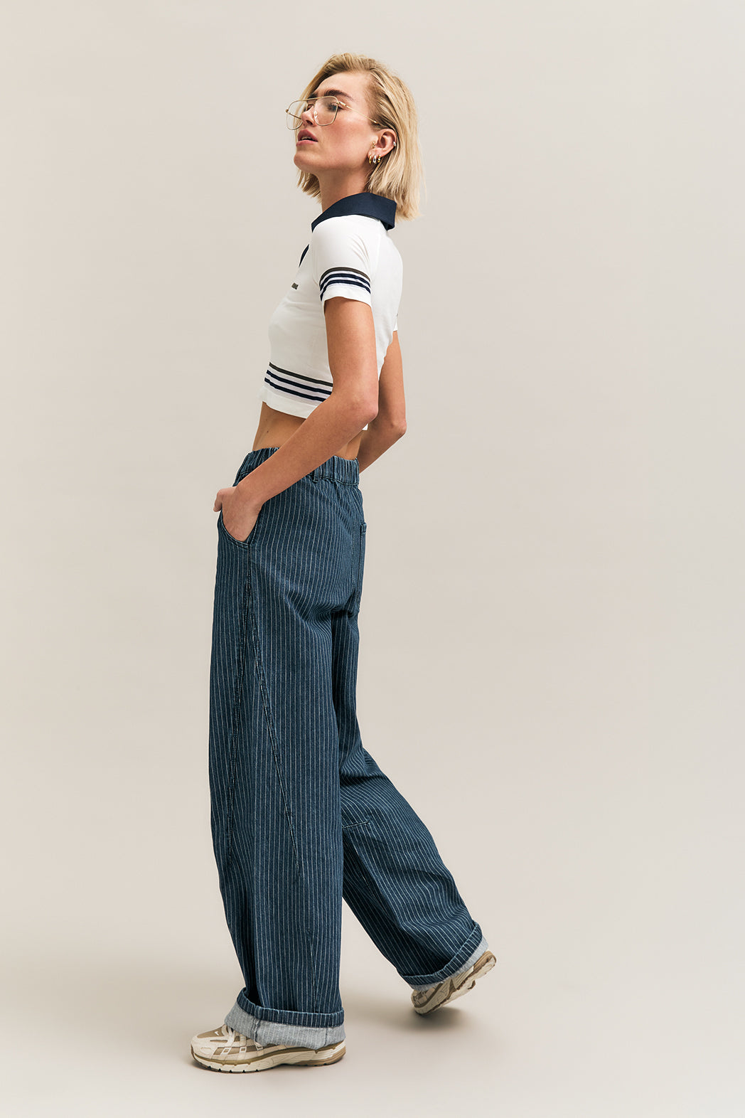 Navy Pinstripe Wide-Leg Denim Trousers – In Line – view 04