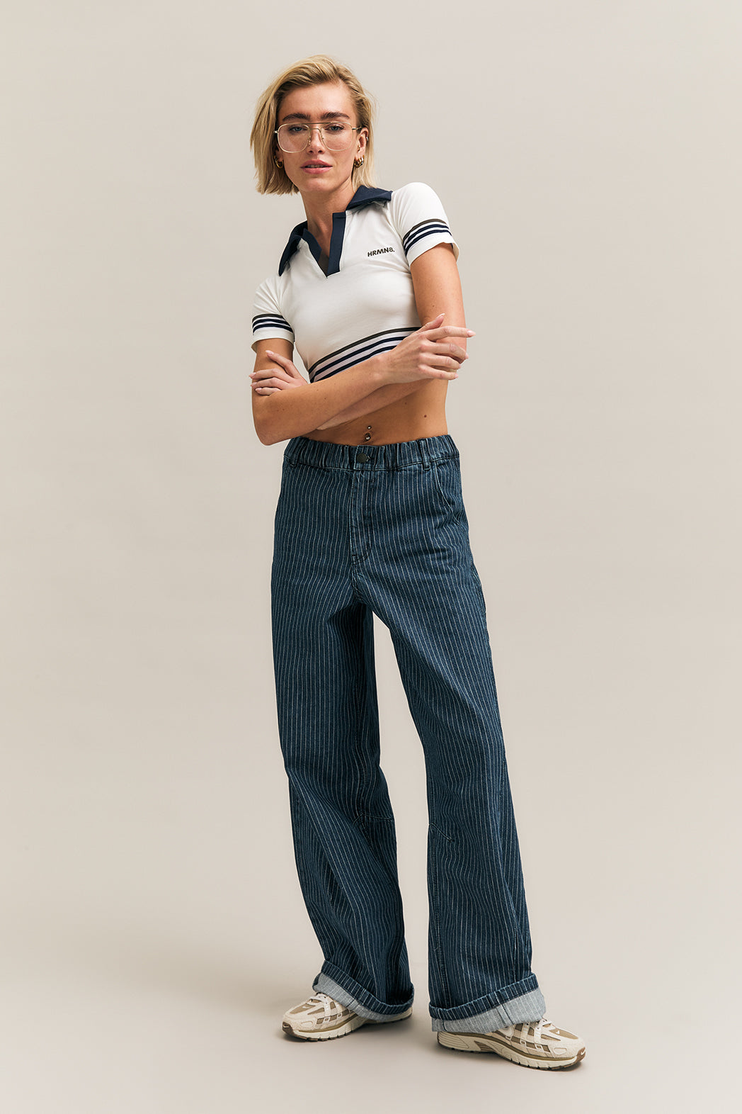 Navy Pinstripe Wide-Leg Denim Trousers – In Line – view 02